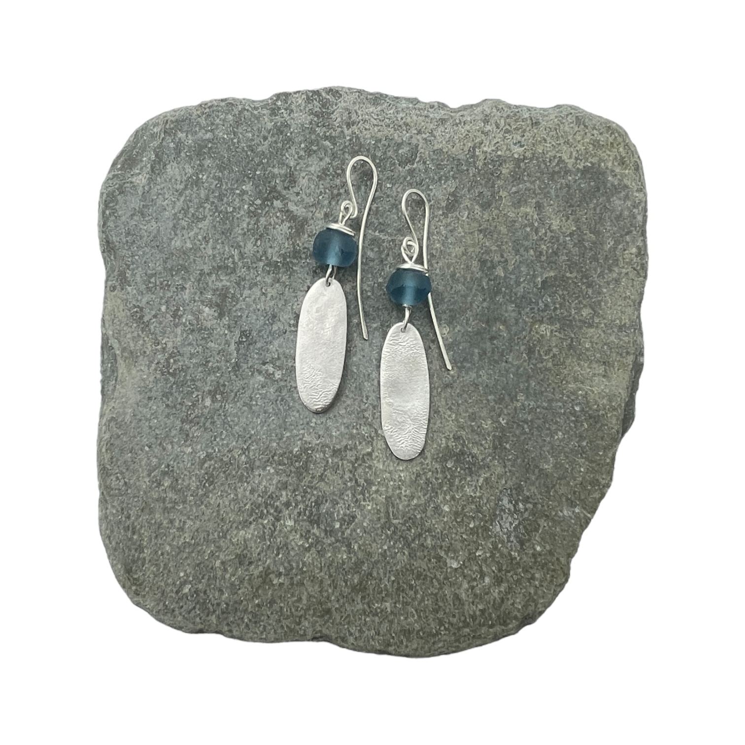 Jen Williams - Medium Long Pebble Earrings with Deep Blue Glass (JW415)