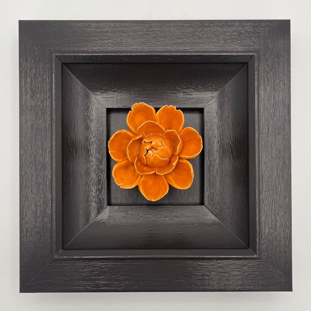 Framed Ceramic Flower - Orange Peony in a Dark Frame