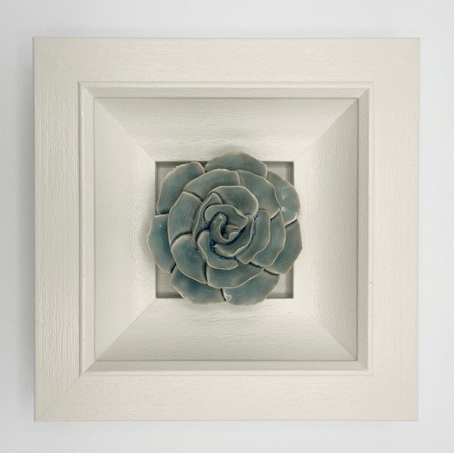 Framed Ceramic Flower - Teal Ranunculus in a Cream Frame